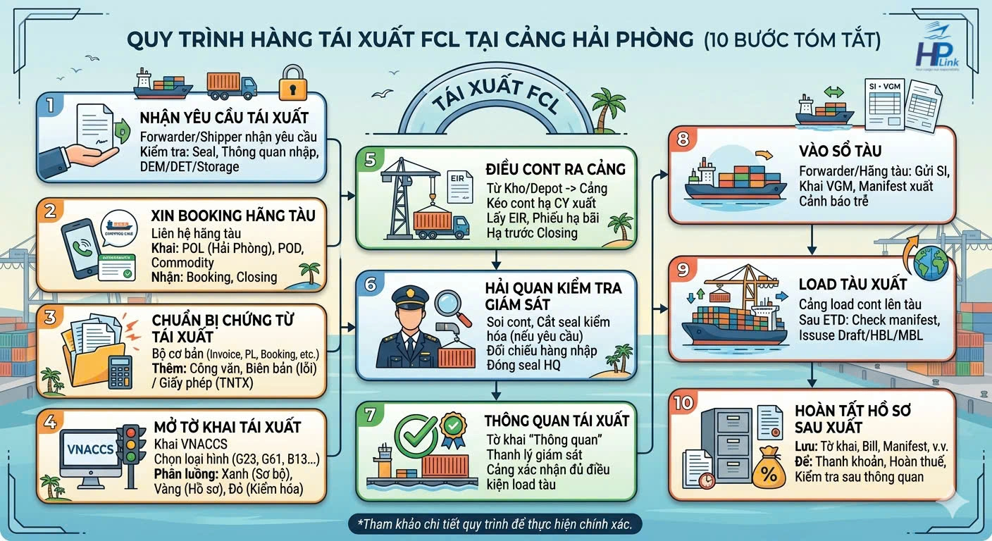 🚢 QUY TRÌNH 10 BƯỚC HÀNG TÁI XUẤT FCL TẠI CẢNG HẢI PHÒNG 🚢