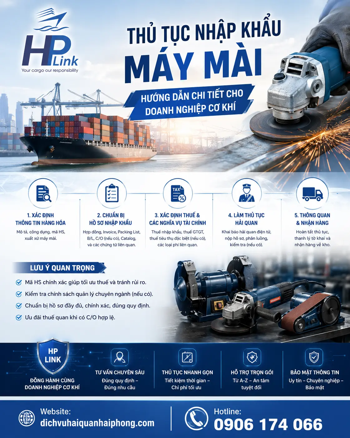 THỦ TỤC NHẬP KHẨU MÁY MÀI – HƯỚNG DẪN CHI TIẾT CHO DOANH NGHIỆP CƠ KHÍ