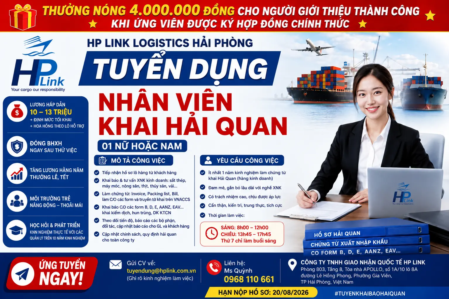 HP LINK TUYỂN DỤNG NHÂN VIÊN KHAI BÁO HẢI QUAN