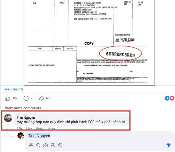 TRƯỜNG HỢP CHỈ PHÁT HÀNH FCR MÀ KHÔNG PHÁT HÀNH BILL